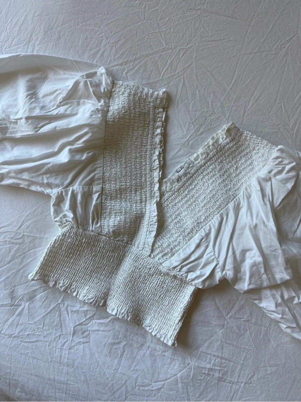 Abercrombie Smocked Poplin Puff Sleeve Top in White